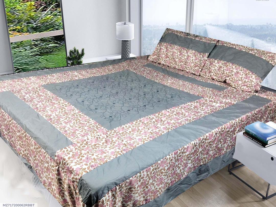 3 Pcs Cotton Sotton Patchwork Double Bedsheet (Grey)