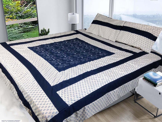 3 Pcs Cotton Sotton Patchwork Double Bedsheet (Blue,White)
