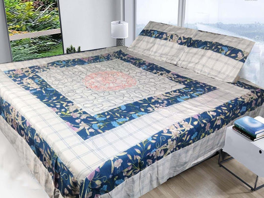 3 Pcs Cotton Sotton Patchwork Double Bedsheet (Blue)