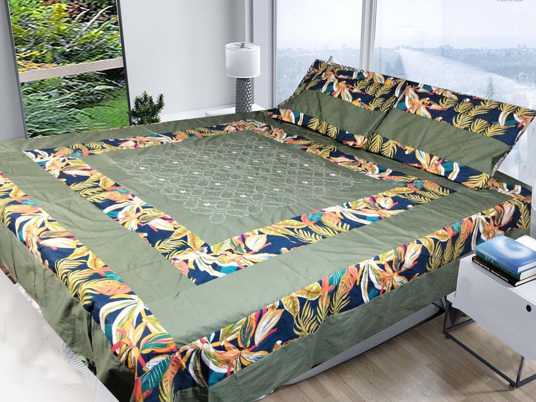 Patchwork Cotton Double Bedsheet Set - 3 Piece in Green
