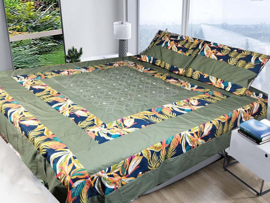 Patchwork Cotton Double Bedsheet Set - 3 Piece in Green