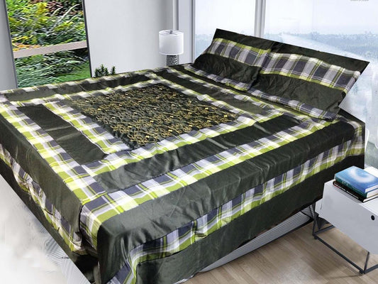 Charming Green Patchwork Cotton Double Bedsheet Set - 3 Piece