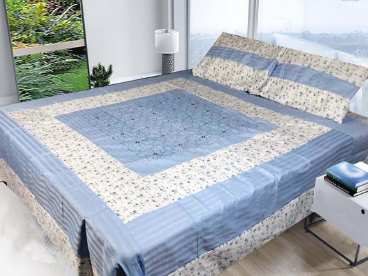 Double Bed Cotton Sotton Patchwork Bedsheet Set - 3 Pieces in Blue