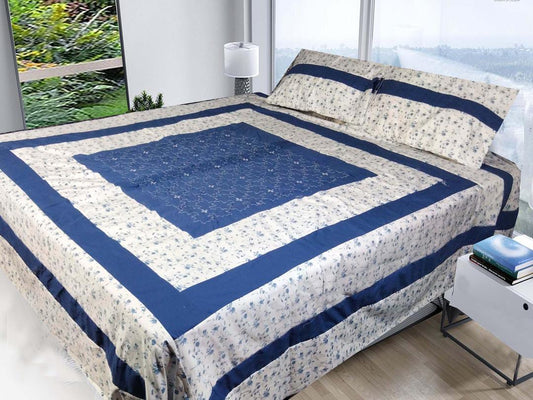 Cozy Cotton Sotton Double Bedsheet Set with Patchwork Design - 3 Piece Ensemble in Blue