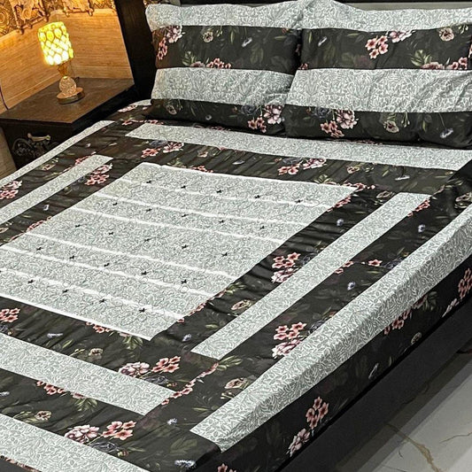 3 Pcs Cotton Sotton Patchwork Double Bedsheet (Black,Grey Design)