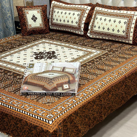 4 Pcs Crystal Cotton Printed Double Bedsheet (Brown)