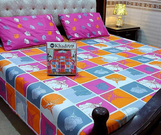 3 Pcs Cotton Mix Printed Double Bedsheet