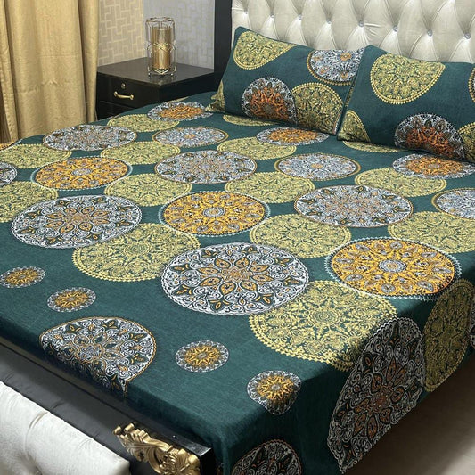 3 Pcs Crystal Cotton Printed Double Bed Sheet (Multicolor)