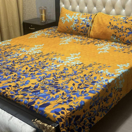 3 Pcs Crystal Cotton Printed Double Bedsheet (Yellow)