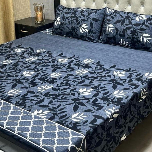 3 Pcs Crystal Cotton Printed Double Bedsheet (Blue)
