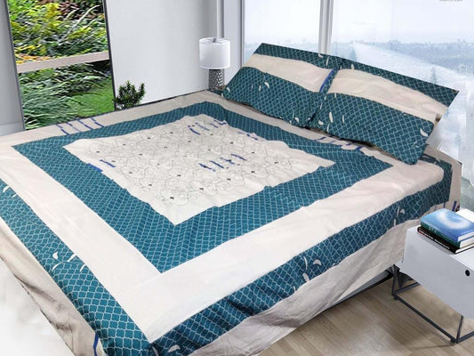 3 Pcs Cotton Sotton Patchwork Double Bedsheet (White & Blue )