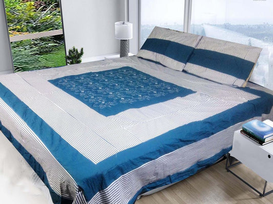 3 Pcs Cotton Sotton Patchwork Double Bedsheet (Blue & White)