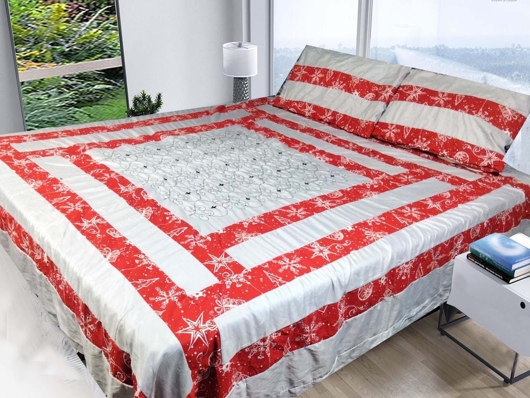 3 Pcs Cotton Sotton Patchwork Double Bedsheet (Red & White)