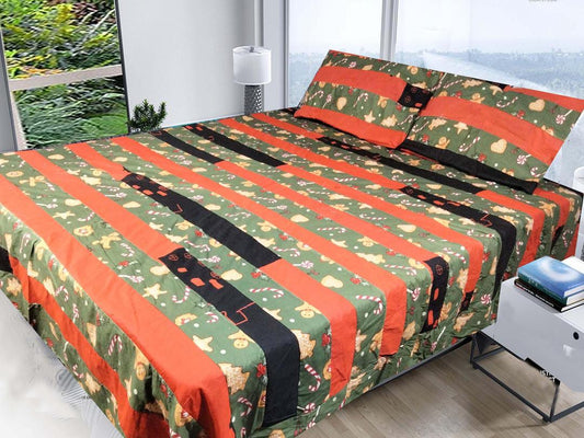 3 Pcs Cotton Sotton Patchwork Double Bedsheet (Green & Orange)