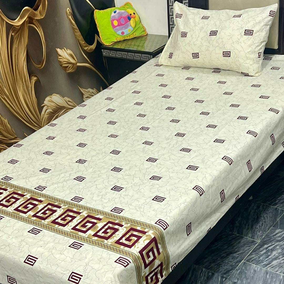 Elegant Off White Printed Cotton Bedsheet Set for Single Bed - 2 Pcs