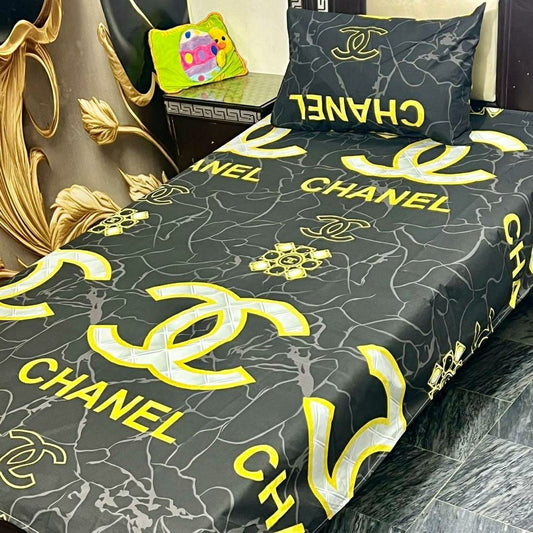 Luxurious Printed Cotton Single Bedsheet Set - 2 Pcs in Elegant Black