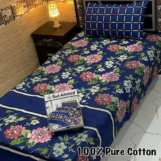 Multicolor Printed Cotton Bedsheet Set - 4 Pcs for Single Bed (Blue)