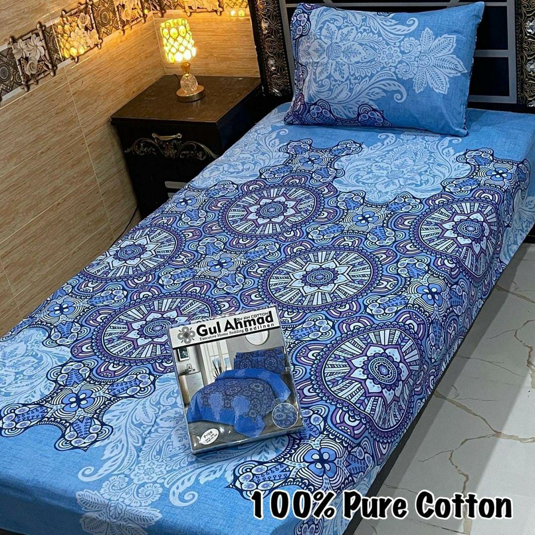 Multicolor Printed Cotton Bedsheet Set - 4 Pcs for Single Bed (Blue)