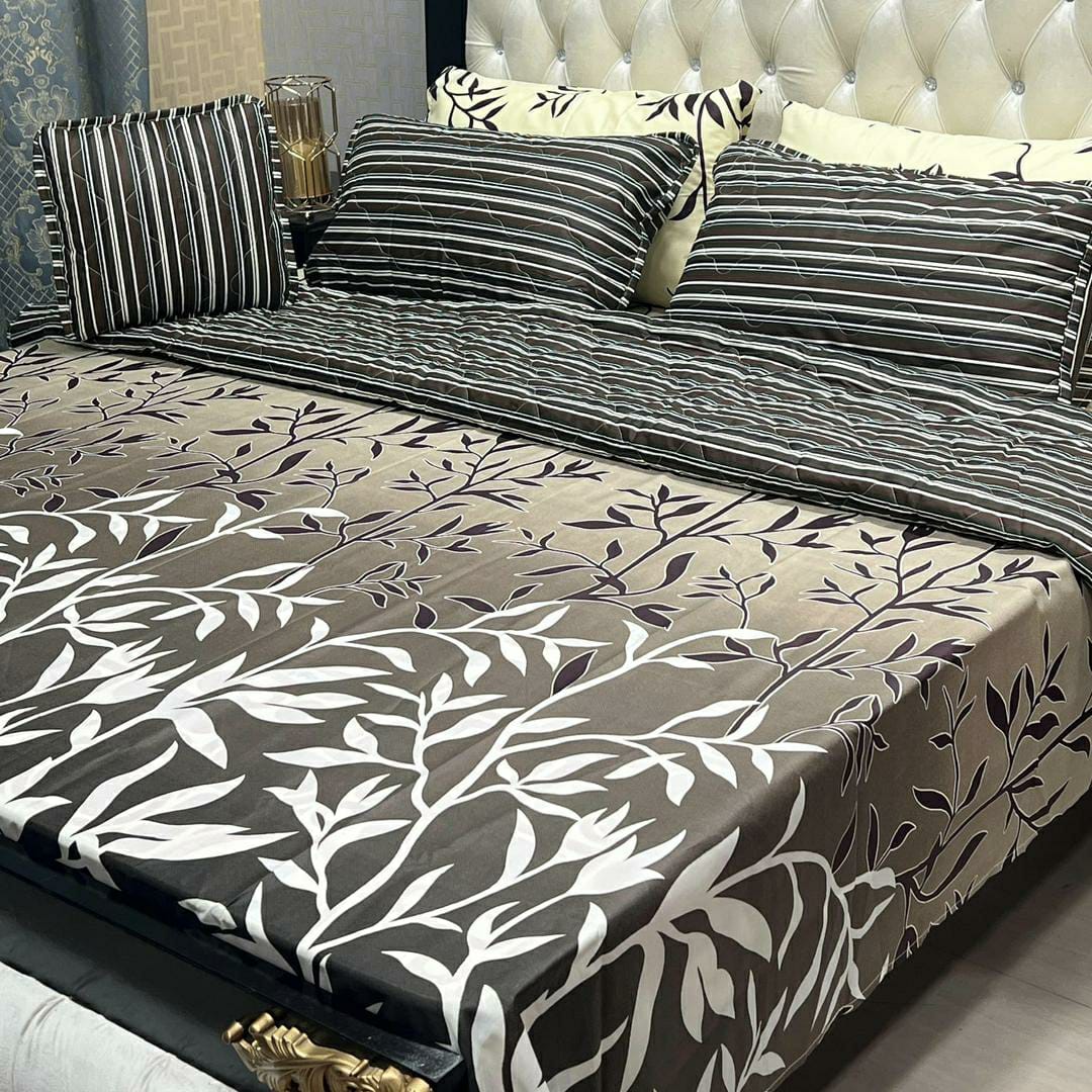 7 Pcs Cotton Printed Comforter Set (Black & Brown)