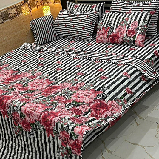 7 Pcs Cotton Printed Comforter Set (Pink & White)