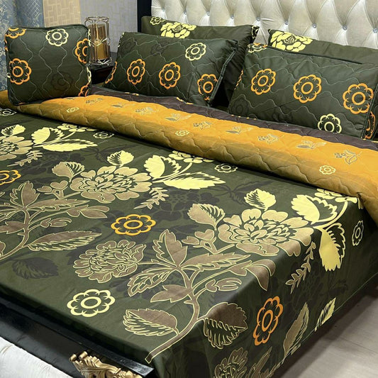 7 Pcs Cotton Printed Comforter Set (Green & Golden)