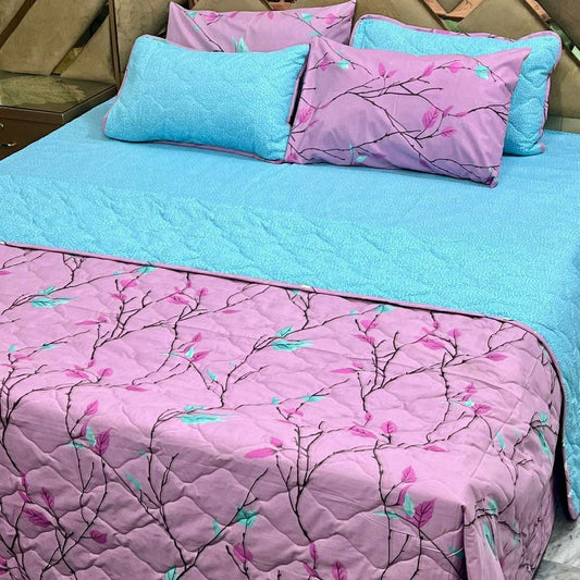 6 Pcs Cotton Printed Comforter Set For King Size Bed (Pink & Blue)
