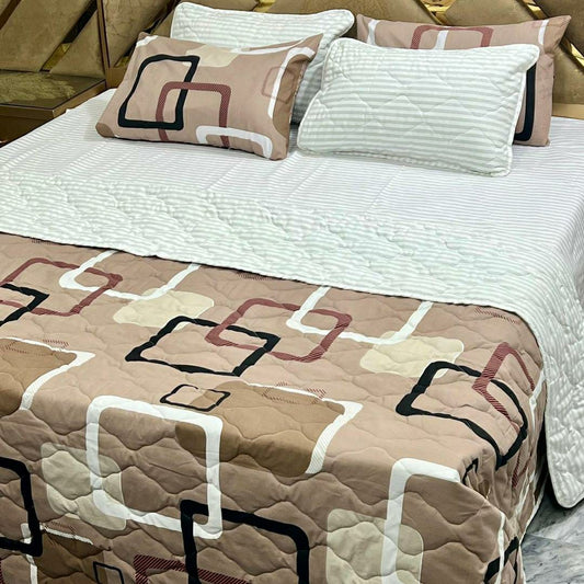 6 Pcs Cotton Printed Comforter Set for King Size Bed (Brown & White)
