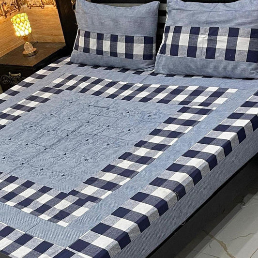 Blue Cotton Sotton Patchwork Double Bed Sheet Set - 3 Pcs (Blue)