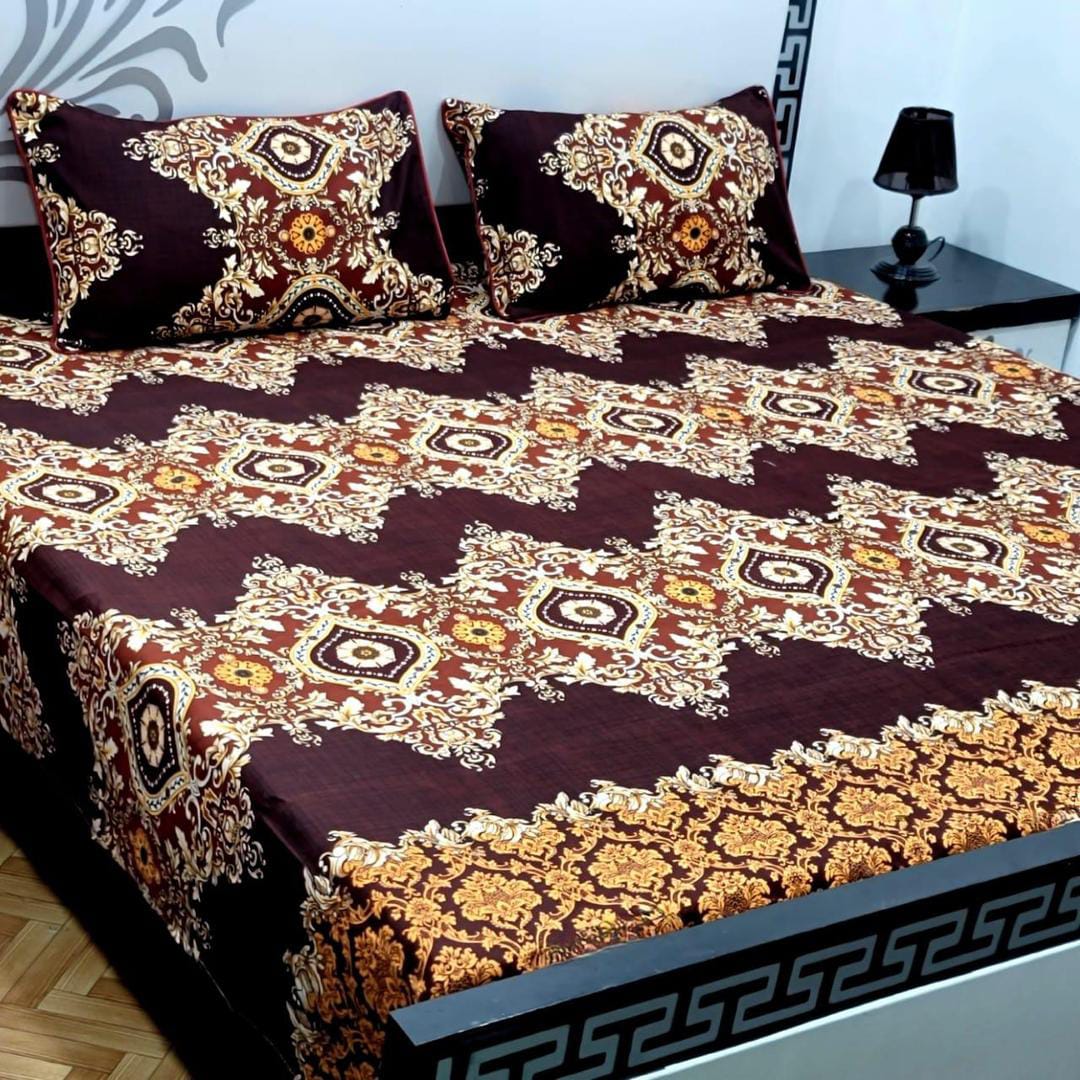 3 Pcs Crystal Cotton Printed Double Bedsheet (Brown)