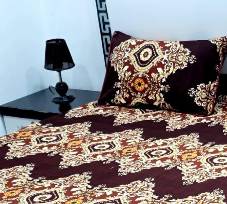 3 Pcs Crystal Cotton Printed Double Bedsheet (Brown)