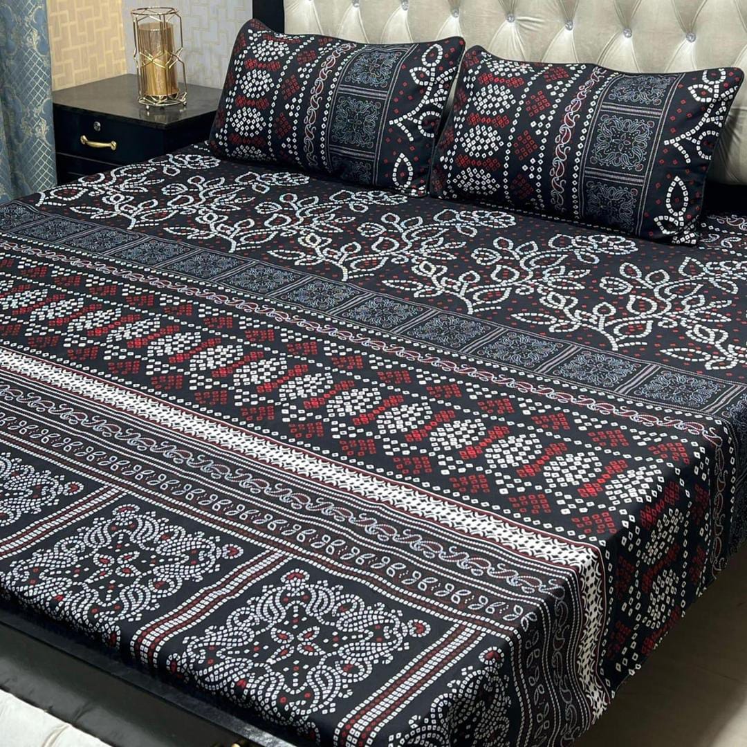 Luxurious Printed Double Bedsheet Set in Crystal Cotton - 3 Piece Black Ensemble