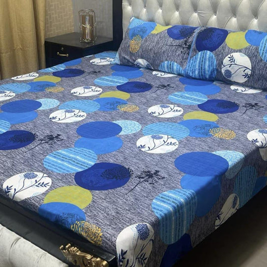 3 Pcs Crystal Cotton Printed Double Bedsheet (Blue & Grey)