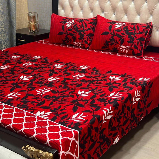 3 Pcs Crystal Cotton Printed Double Bedsheet (Red)