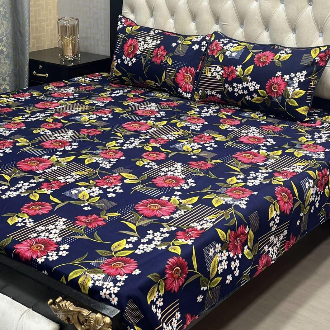 3 Pcs Crystal Cotton Printed Double Bedsheet (Blue)