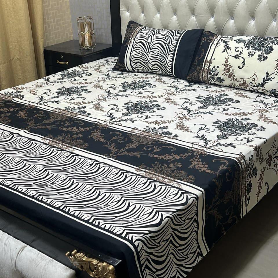 3 Pcs Crystal Cotton Printed Double Bedsheet (Black & White)