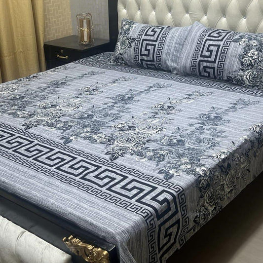 3 Pcs Crystal Cotton Printed Double Bedsheet (Silver)