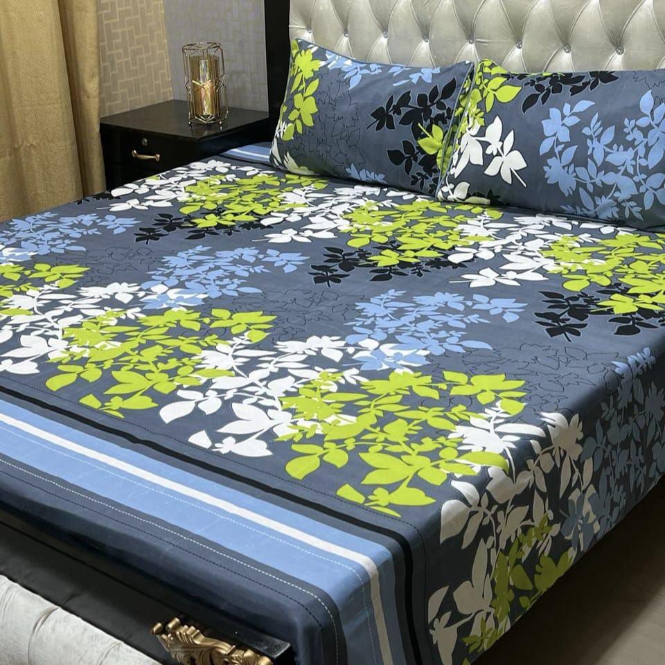 3 Pcs Crystal Cotton Printed Double Bedsheet