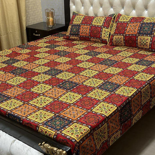 3 Pcs Crystal Cotton Printed Double Bedsheet (Multicolor)