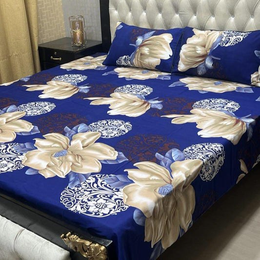 3 Pcs Crystal Cotton Printed Double Bedsheet (Blue,Skin)