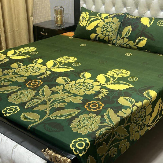 3 Pcs Crystal Cotton Printed Double Bedsheet (Green,Golden)