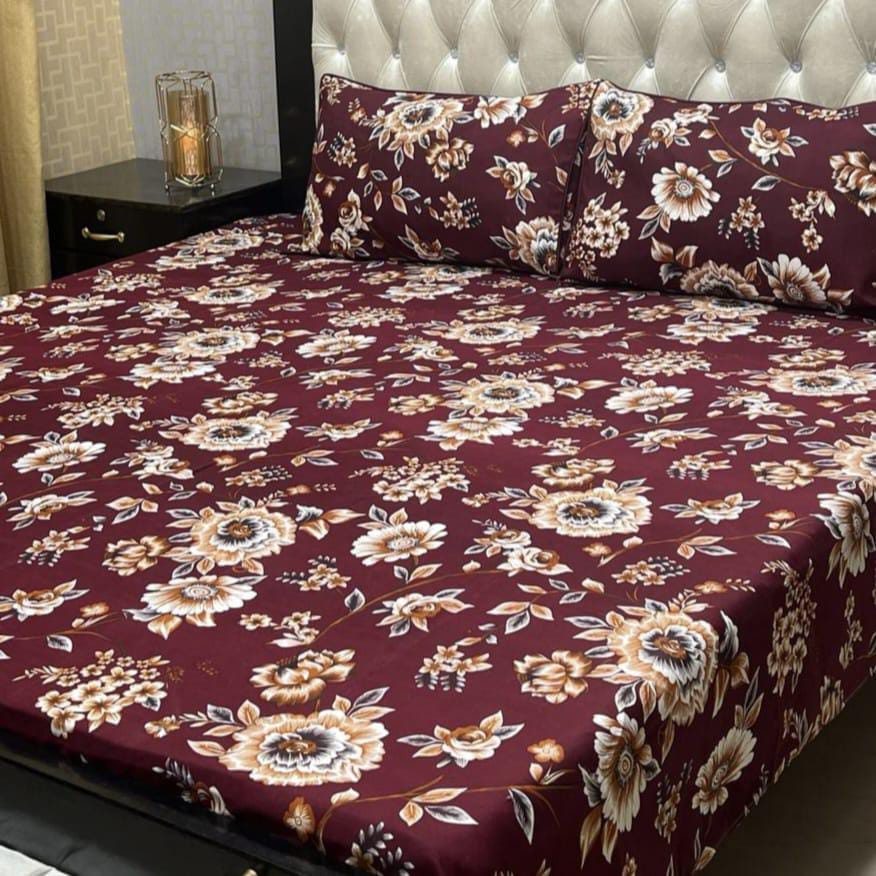 3 Pcs Crystal Cotton Printed Double Bedsheet (Maroon)