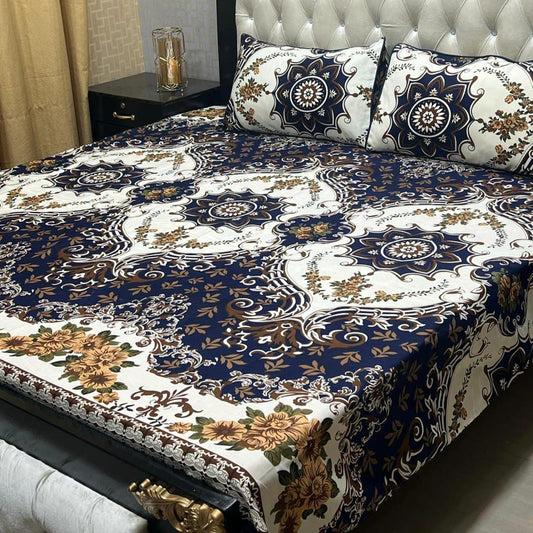 3 Pcs Crystal Cotton Printed Double Bedsheet (Blue,White)