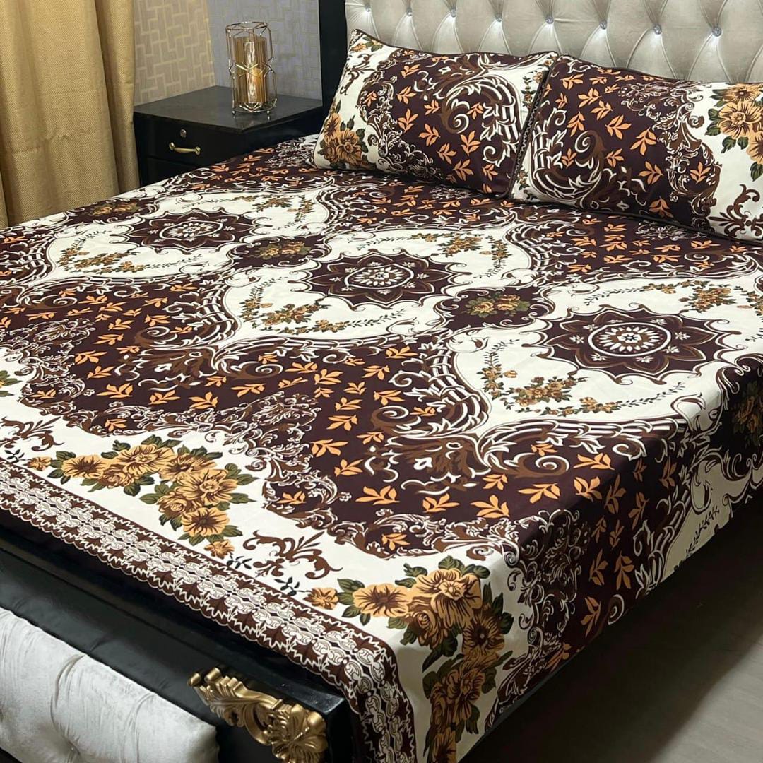 3 Pcs Crystal Cotton Printed Double Bedsheet (Brown)