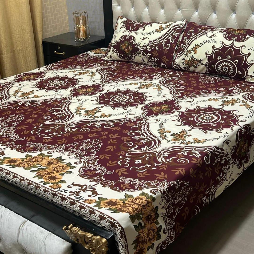 3 Pcs Crystal Cotton Printed Double Bedsheet (Maroon,White)