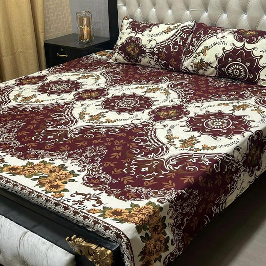 3 Pcs Crystal Cotton Printed Double Bedsheet (Maroon,White)