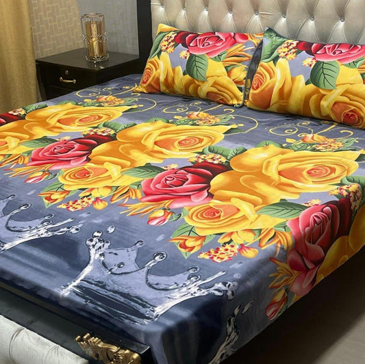 3 Pcs Crystal Cotton Printed Double Bedsheet (Blue,Yellow)