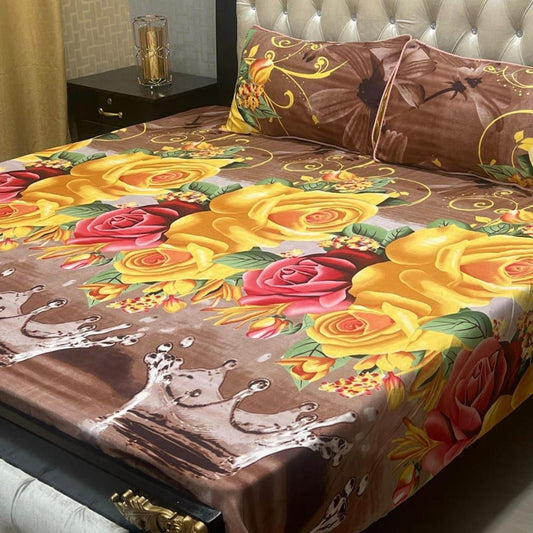 3 Pcs Crystal Cotton Printed Double Bedsheet (Brown,Yellow)