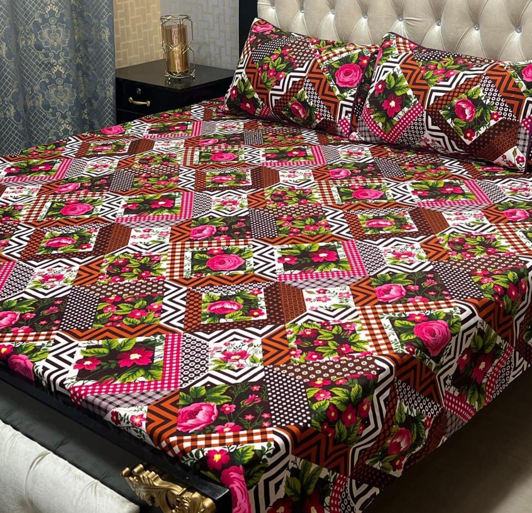 3 Pcs Crystal Cotton Printed Double Bedsheet (Multicolor)