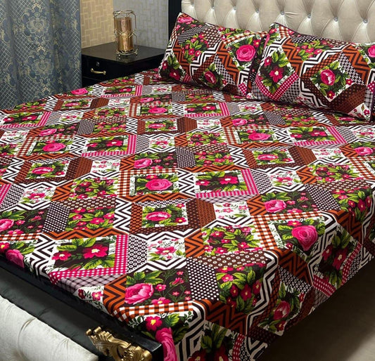 3 Pcs Crystal Cotton Printed Double Bedsheet (Multicolor)