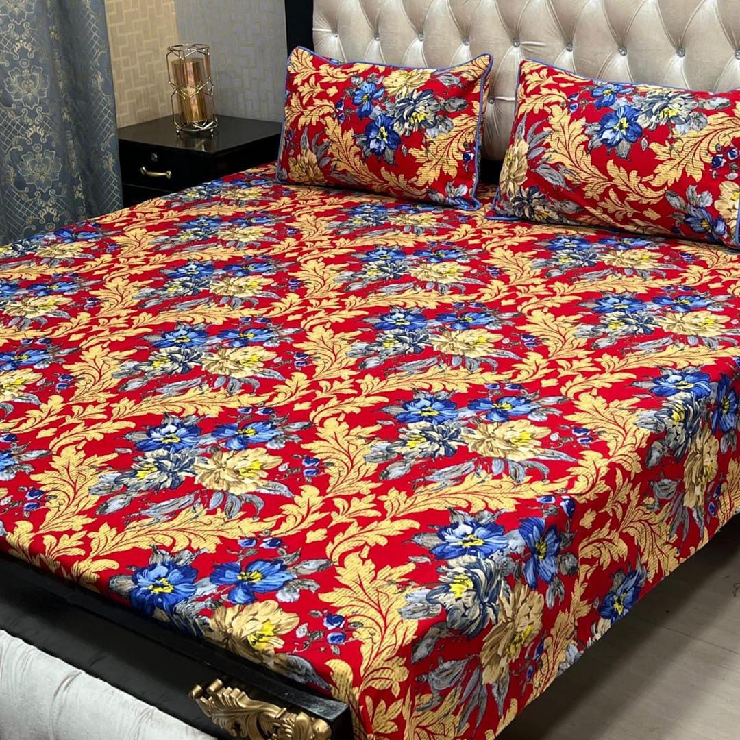 3 Pcs Crystal Cotton Printed Double Bedsheet (Multicolor)